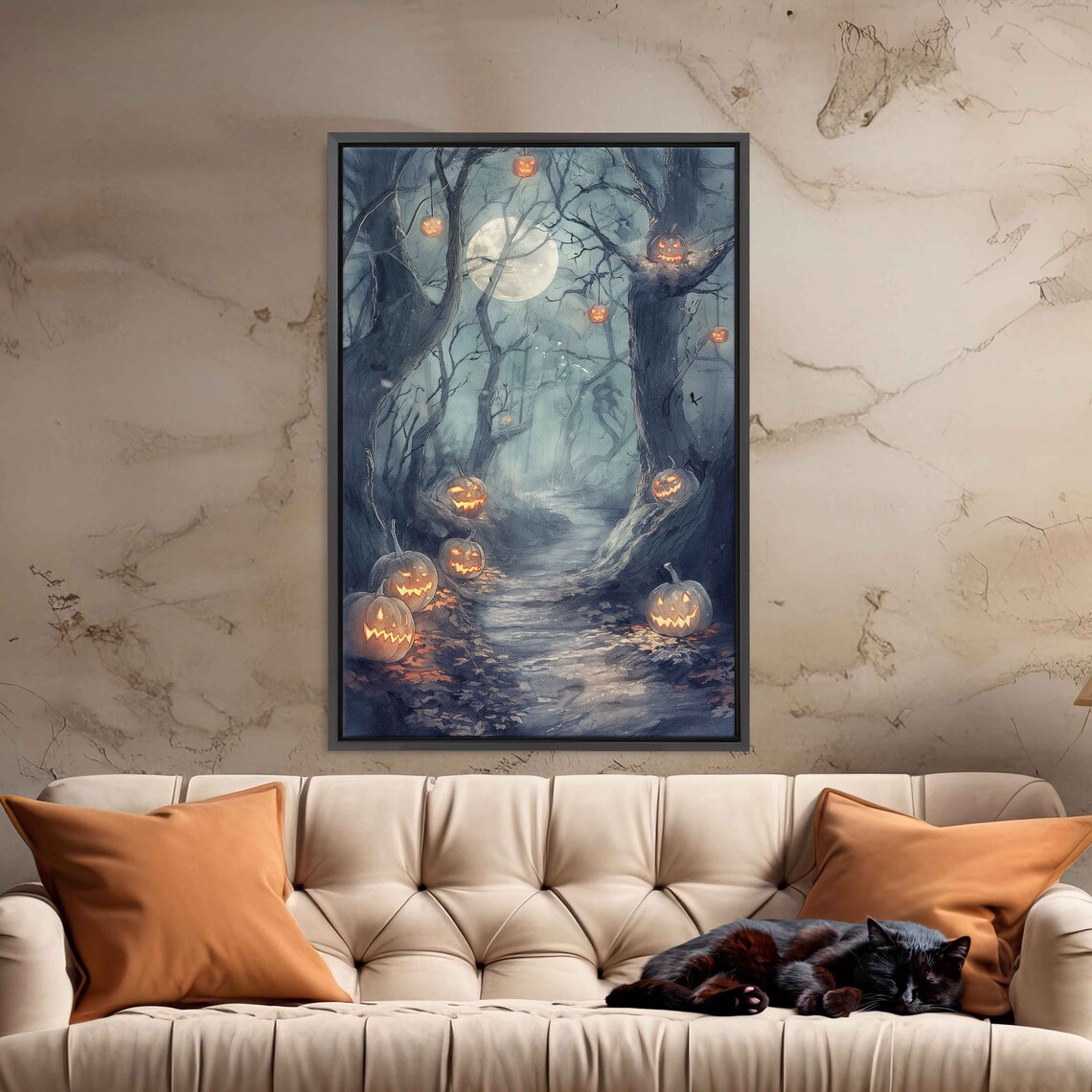 Enchanted Moonlit Forest Path Glowing Jack O Lanterns Spooky Night Print