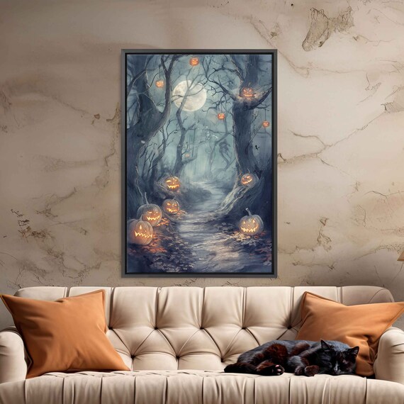 Enchanted Moonlit Forest Path Glowing Jack O Lanterns Spooky Night Print