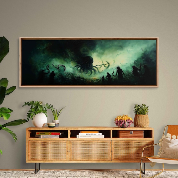 Cthulhu Sea Monster Dark Fantasy Eerie Green Stormy Sea Panoramic Poster