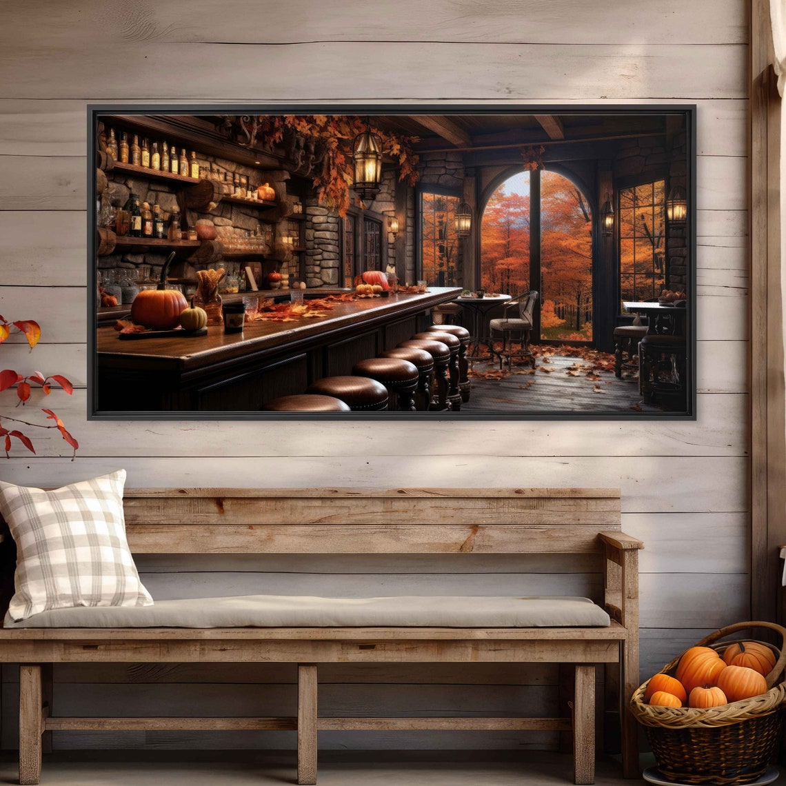 Cozy Autumn Bar Pumpkins Leather Stools Arched Windows Fall Art Print - Image 3