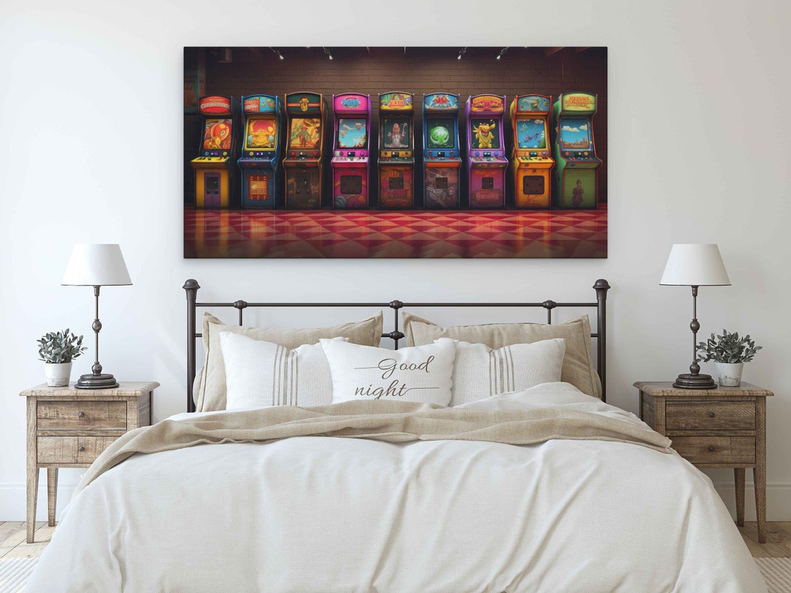 Retro Arcade Machines Row Panoramic Neon Game Room Wall Art Print - Image 3
