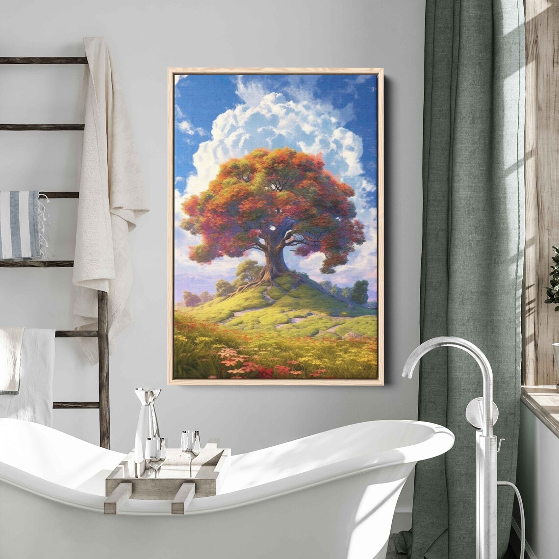 Colorful Ancient Tree In An Open Field Colorful Cloudy Skies Framed Print Ready To Hang - Image 3