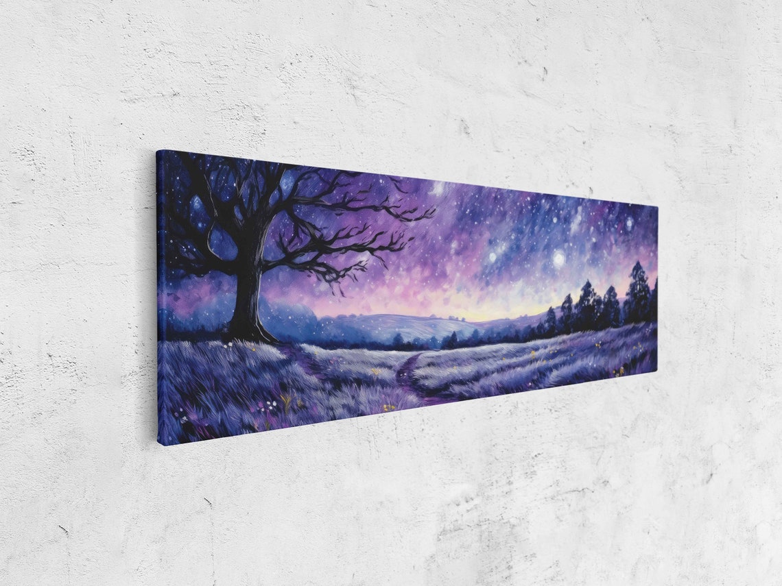 Starry Night Lavender Field Lone Tree Silhouette Panoramic Art Print - Image 4