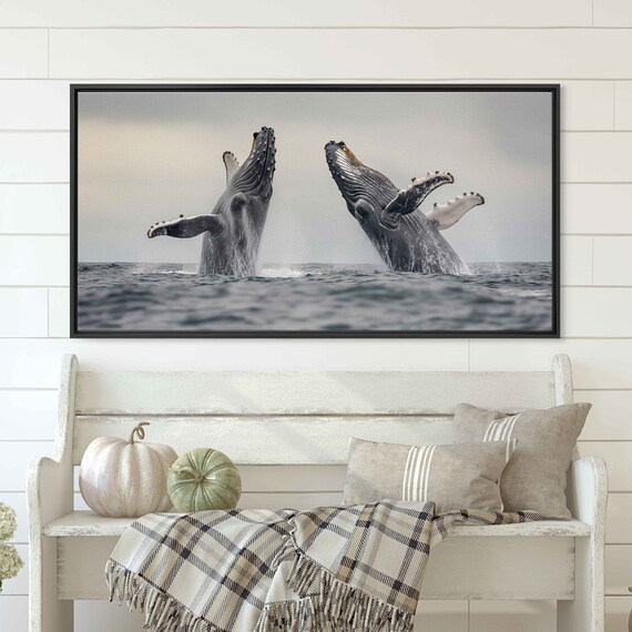 Pair Of Humpback Whales Clear Skies Ocean Waves Wall Art Print Ready To Hang
