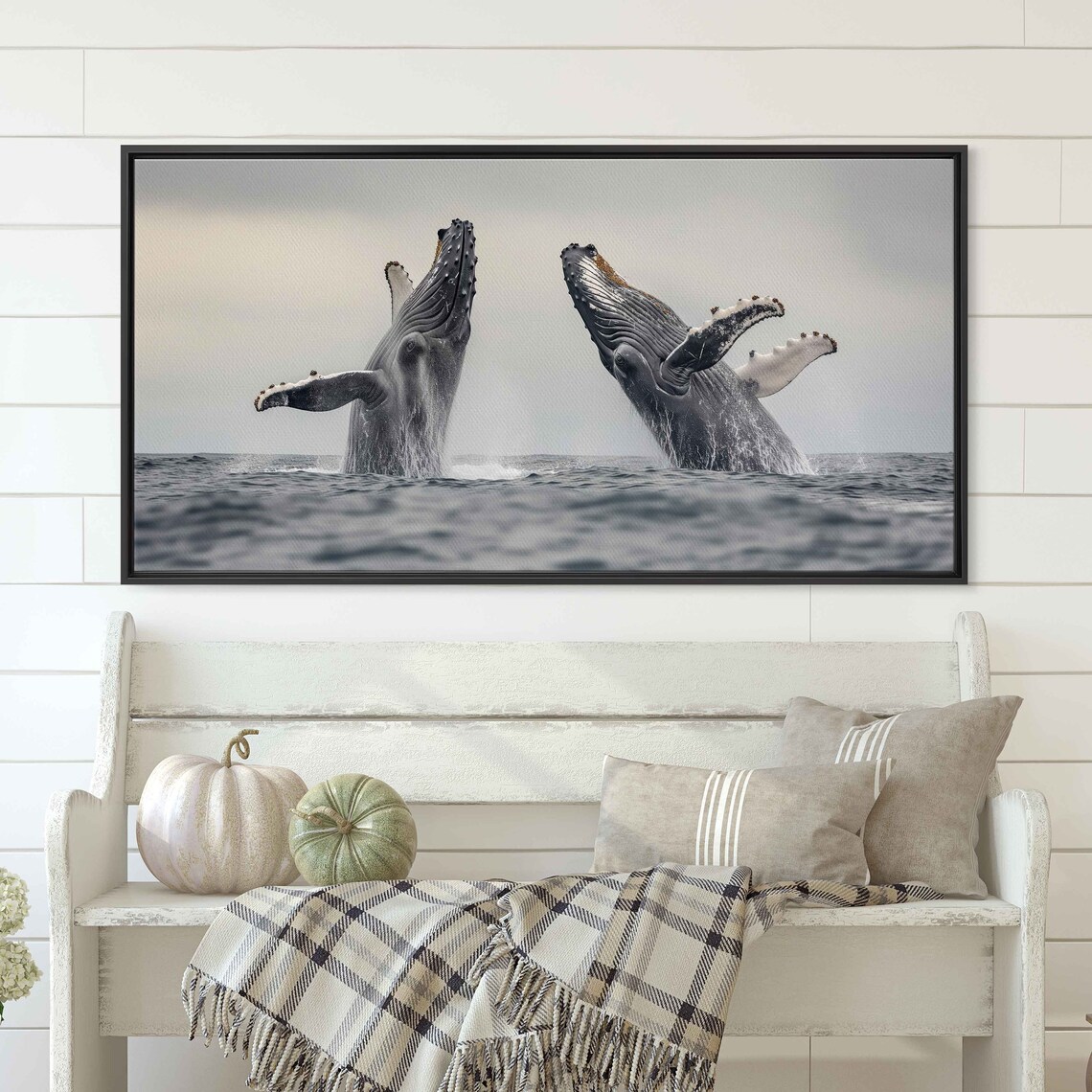 Pair Of Humpback Whales Clear Skies Ocean Waves Wall Art Print Ready To Hang