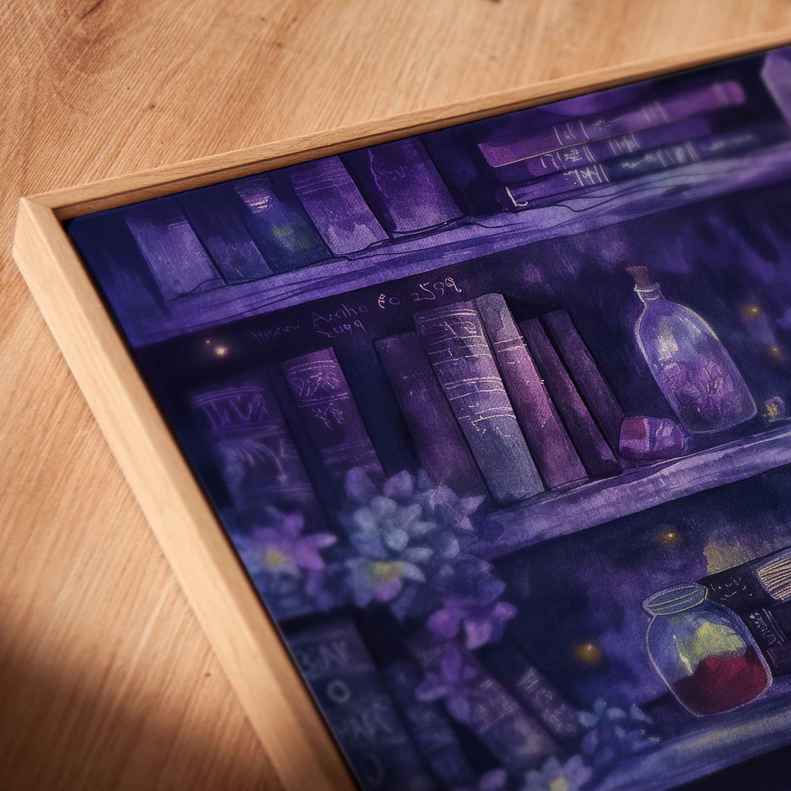 Witches Apothecary Shelf Potion Bottles Candlelight Purple Wall Art - Image 2