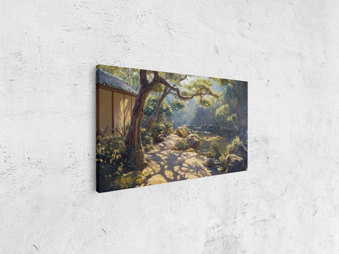 Japanese Zen Garden Wall Art Print Sunlit Scene With Koi Pond And Ancient Trees - Image 4