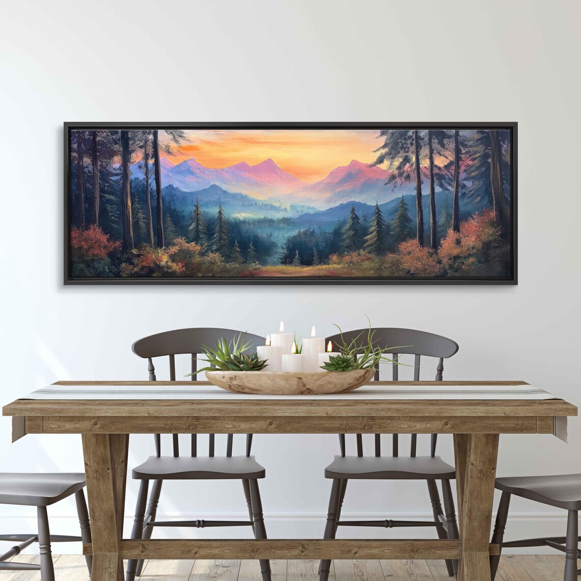 Enchanted Forest Panorama, Majestic Mountains Sunset Art Print - Image 3