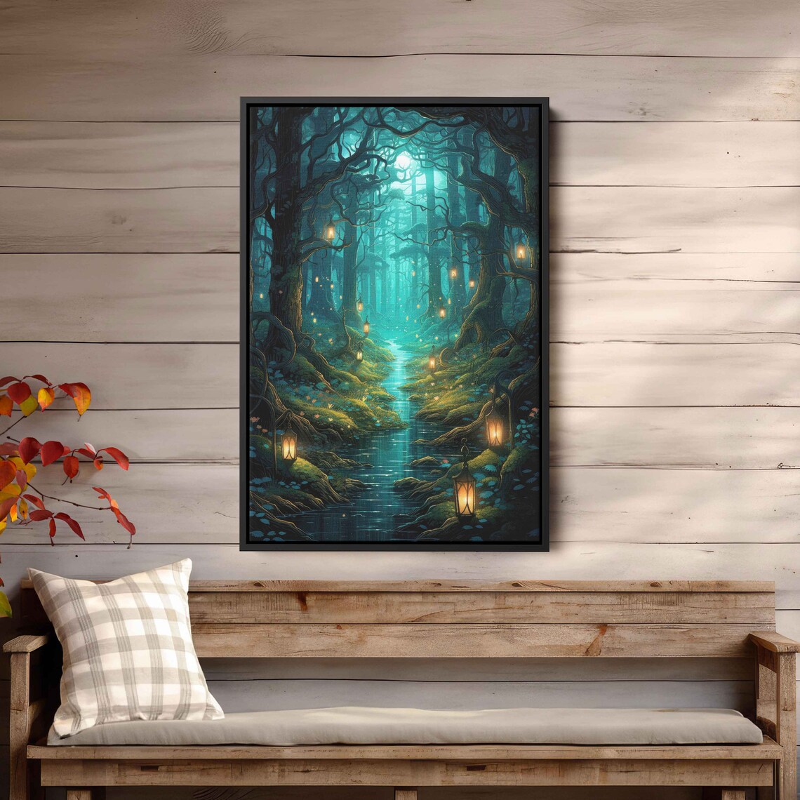 Enchanted Lantern Forest Winding Stream Magical Pond Fantasy Art Wall Art Print Ready To Hang - Image 2