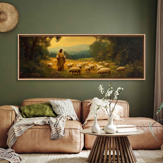 Jesus Christ the Good Shepherd Among Sheep Golden Meadow Poster