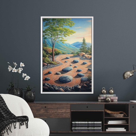 Japanese Zen Rock Garden Raked Gravel Stones Pine Mountain Poster