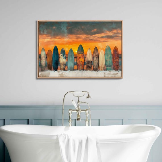 Vintage Surfboards At Sunset Wall Art Print Nostalgic Beach Scene Warm Hues