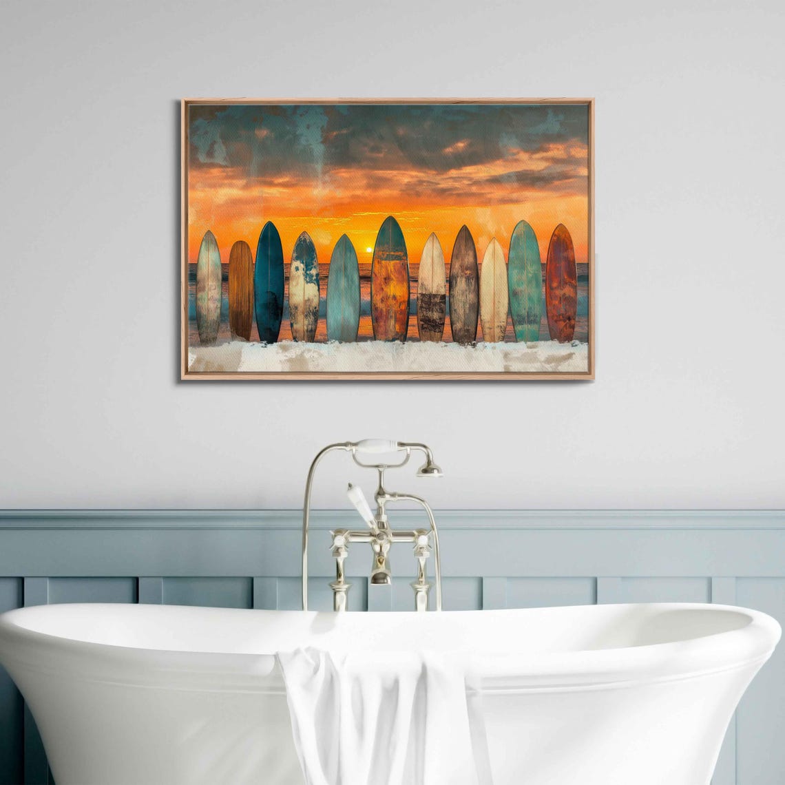 Vintage Surfboards At Sunset Wall Art Print Nostalgic Beach Scene Warm Hues