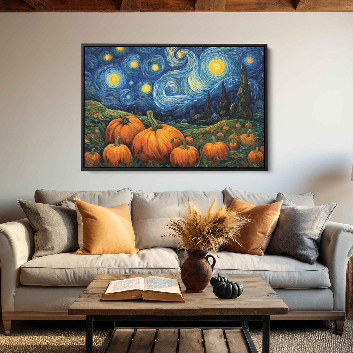 Halloween Pumpkins Under Van Gogh Starry Night Swirling Sky Art Poster - Image 3