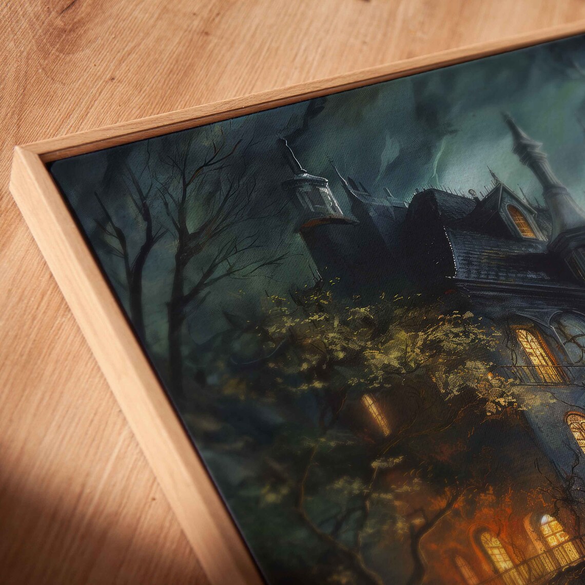 Eerie Victorian Mansion On Cliff With Glowing Windows In Foggy Night Wall Art - Image 2