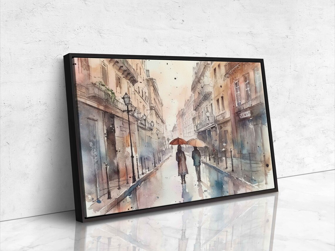 Paris Street Couple Under Umbrellas Rainy Day Watercolor Travel Poster - Image 4