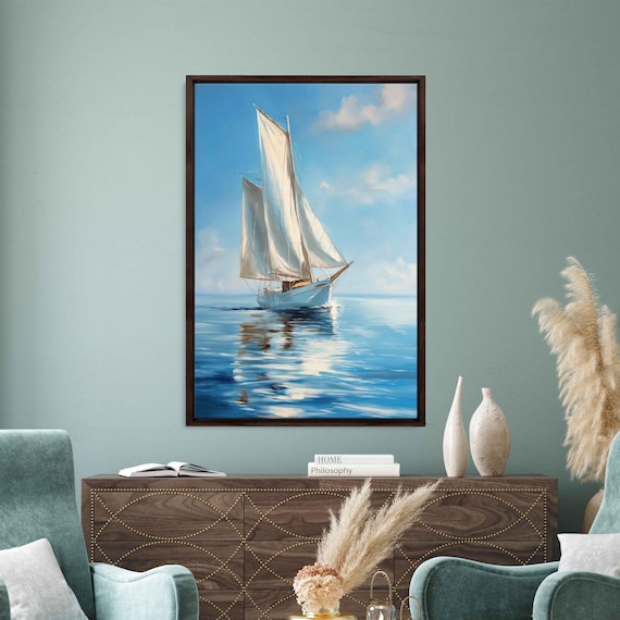 Sailboat With Billowing White Sails On Sunny Calm Blue Water Poster