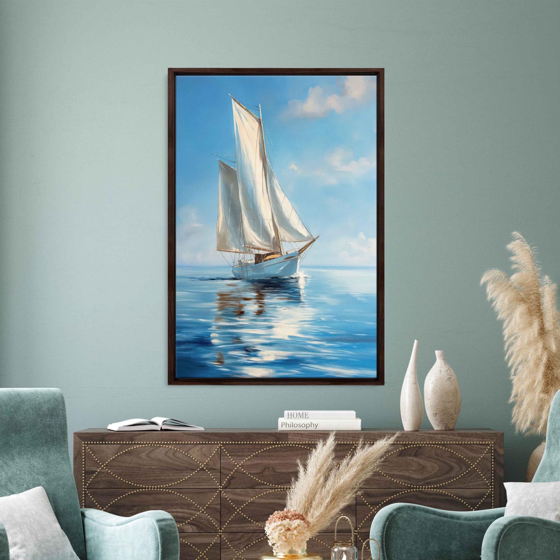 Sailboat With Billowing White Sails On Sunny Calm Blue Water Poster