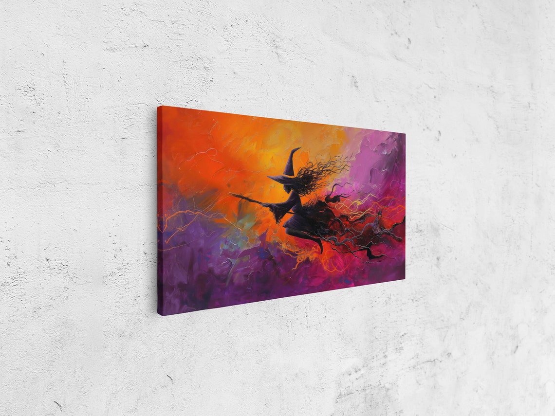 Witch Flying On Broomstick Vibrant Night Sky Halloween Wall Art - Image 4