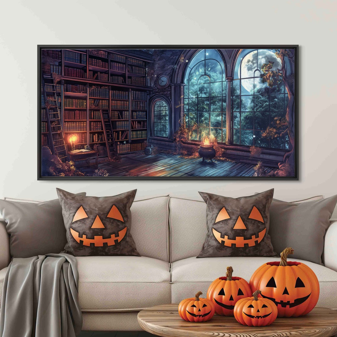 Magical Moonlit Library Cauldron Bookshelves Night Scene Art Print - Image 3