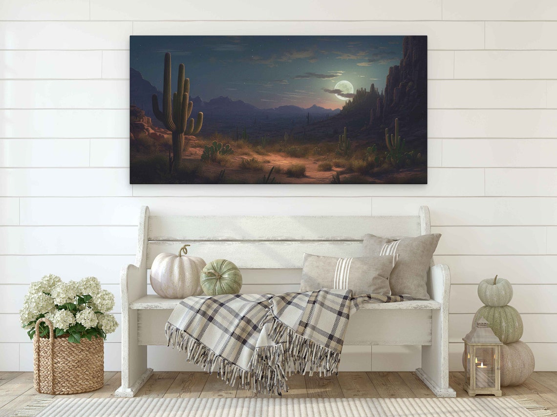 Desert Night Full Moon Glow Saguaro Cactus Landscape Travel Poster - Image 2