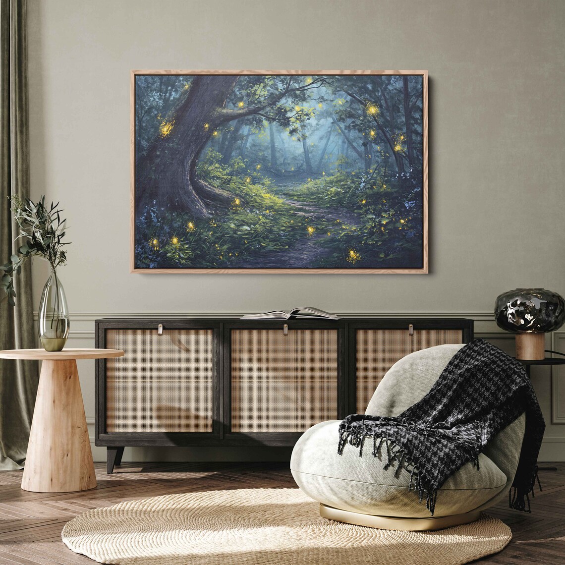 Enchanted Forest Path Wall Art Print Glowing Fireflies Nature Landscape Ready To Hang - Image 2