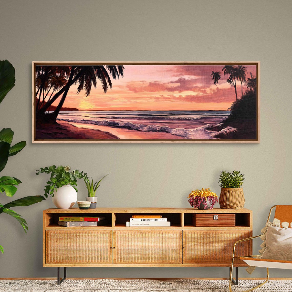 Vintage Beach Sunset Wall Art Print Silhouette Of Palm Trees Warm Hues