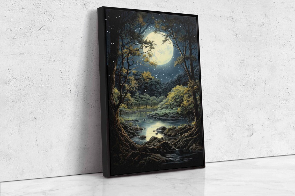 Moonlit Forest Acrylic Painting Art Print, Guest Room - Image 4