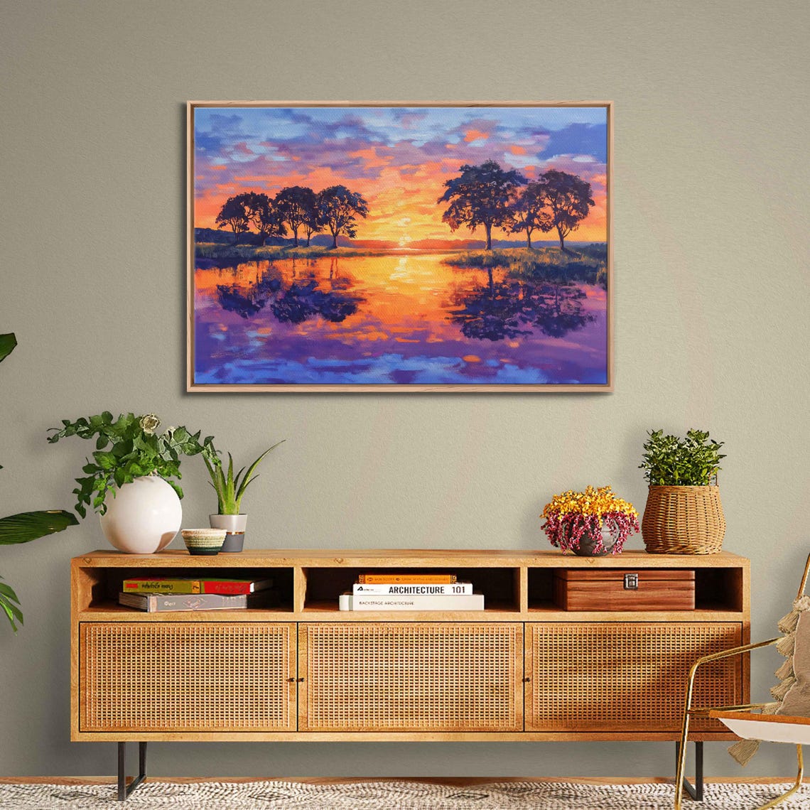 Sunset Silhouettes Of Oak Trees Reflecting In Tranquil Pond Poster