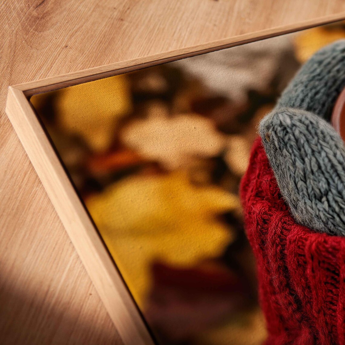 Hands In Cozy Knit Sweater Holding Warm Coffee Cup Among Autumn Leaves Wall Art - Image 2