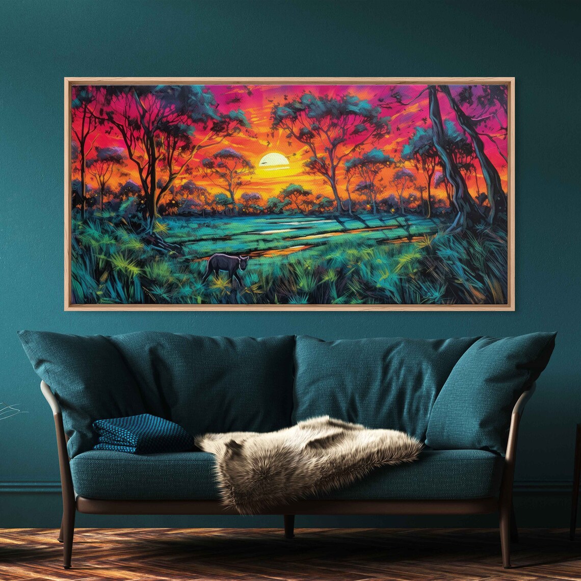 Neon African Plains Sunset With Panther Vibrant Jungle Art Print - Image 3
