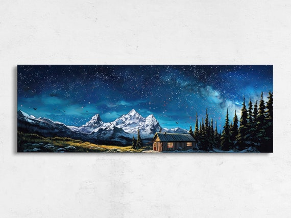 Cabin Starry Night Sky Panoramic Landscape Painting Framed Print Ready To Hang Coloful Night Sky Living Room Decor