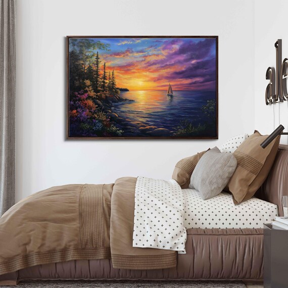 Solitary Sailboat Sunset Voyage Purple Orange Sky Pine Rocky Coast Painting Travel Poster