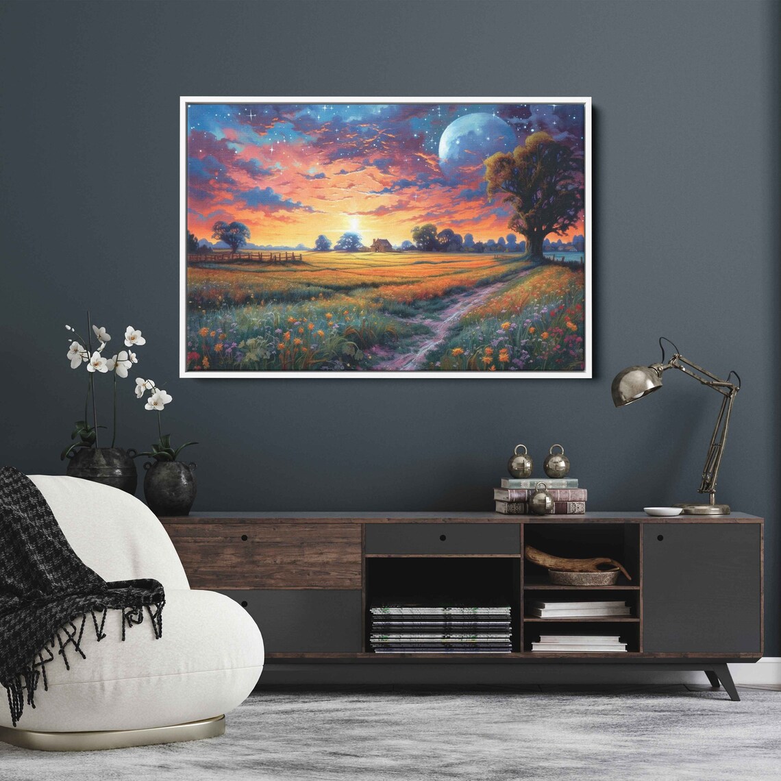 Dreamy Sunset Flower Field Moon Path Fantasy Acrylic Painting Poster
