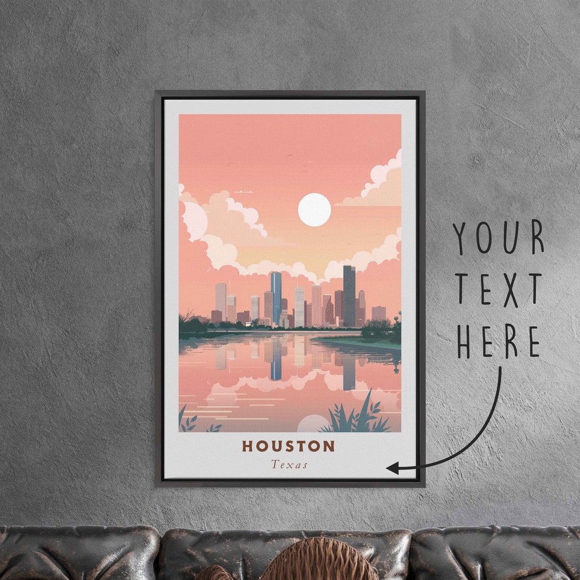Houston Texas Skyline Lake Reflection Pink Clouds Travel Poster