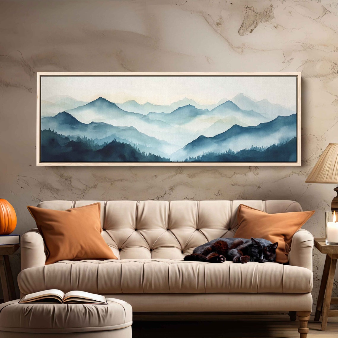 Misty Blue Mountain Ridges Forest Watercolor Panoramic Landscape Print - Image 2