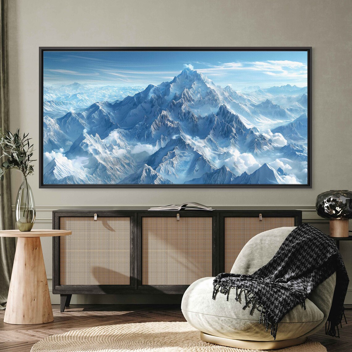 Snowy Mountain Range Fluffy Clouds Wall Art Print Ready To Hang - Image 2