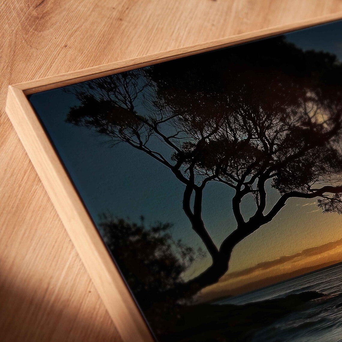 Coastal Sunset With Tree Overhanging Ocean Waves And Golden Light Travel Poster - Image 2