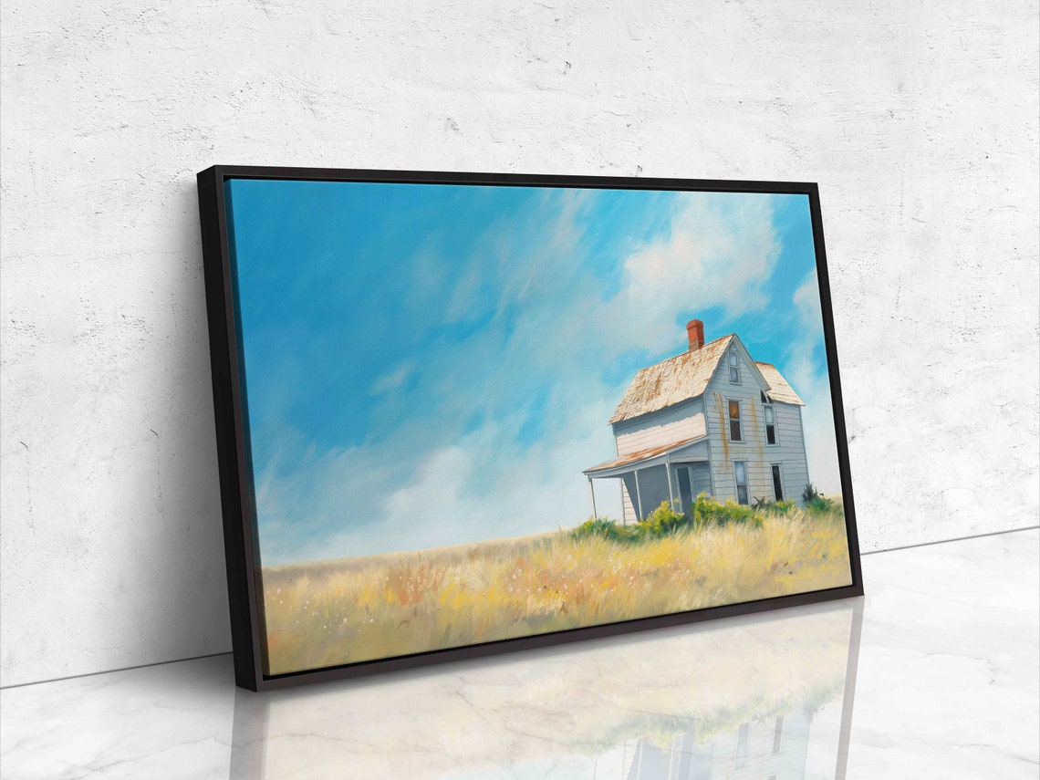 Old Farmhouse Golden Grassy Field Bright Blue Sky Minimal Painting - Image 4