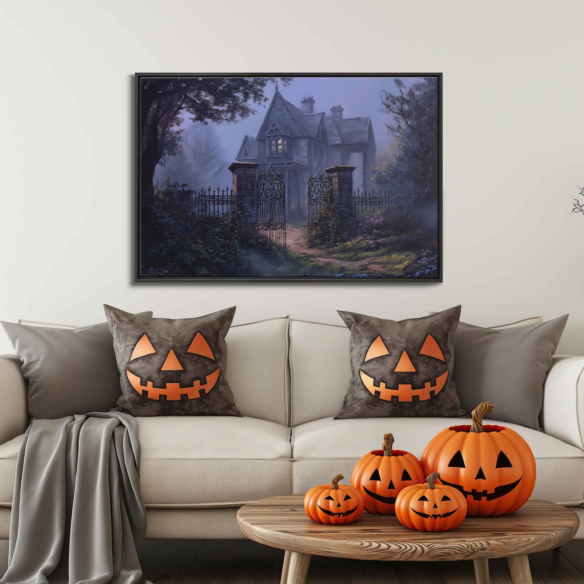 Old Eerie Mansion Behind Iron Gate At Misty Twilight In Overgrown Garden Print - Image 3