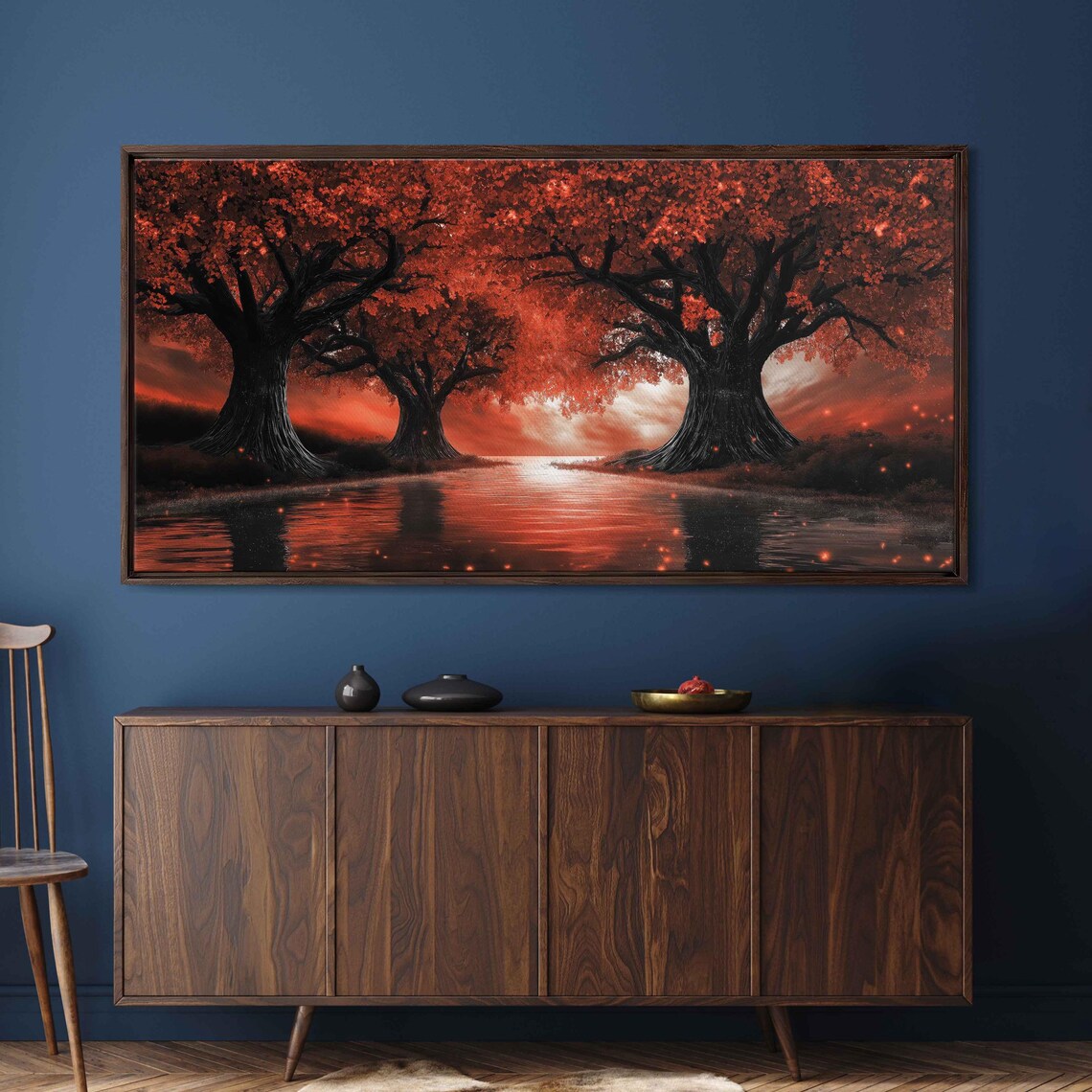 Metallic Trees Under Fiery Scarlet Sky Art Print