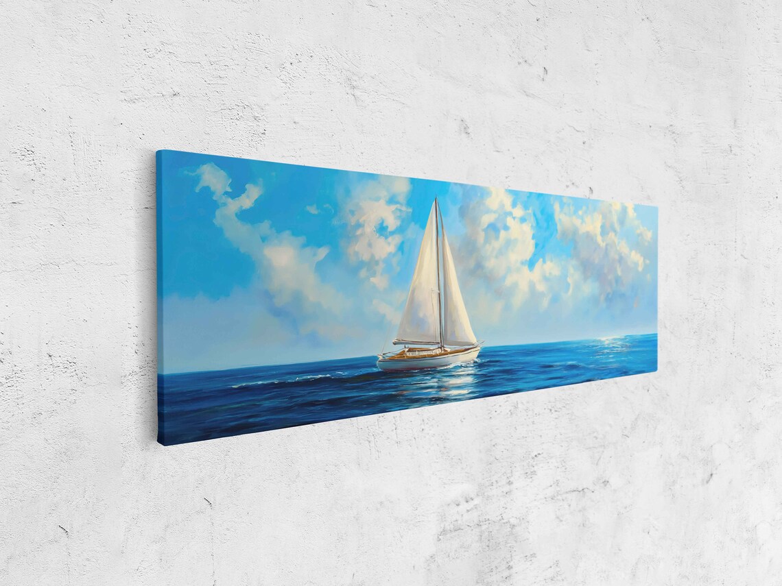 Small Sailboat Calm Bright Blue Sea White Clouds Panorama Travel Poster - Image 4