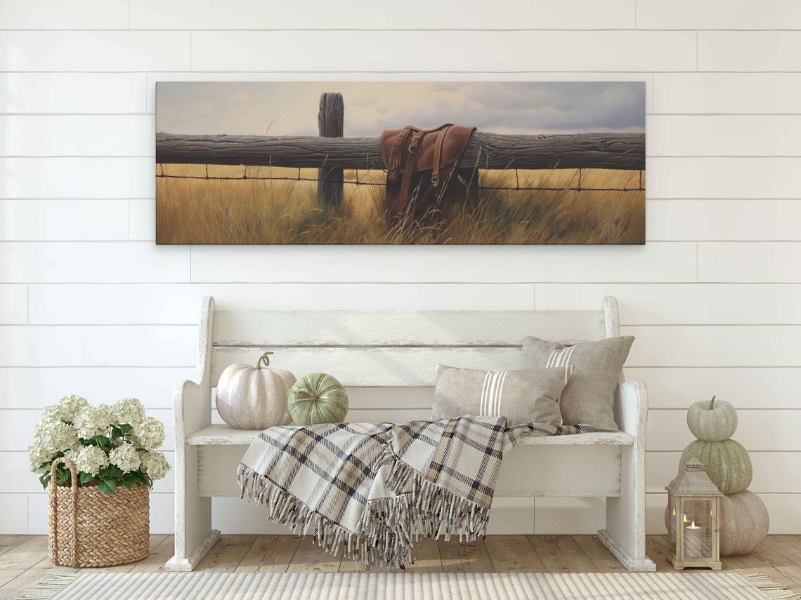 Leather Saddle Hanging on Wooden Fence Golden Prairie Field Print - Image 2