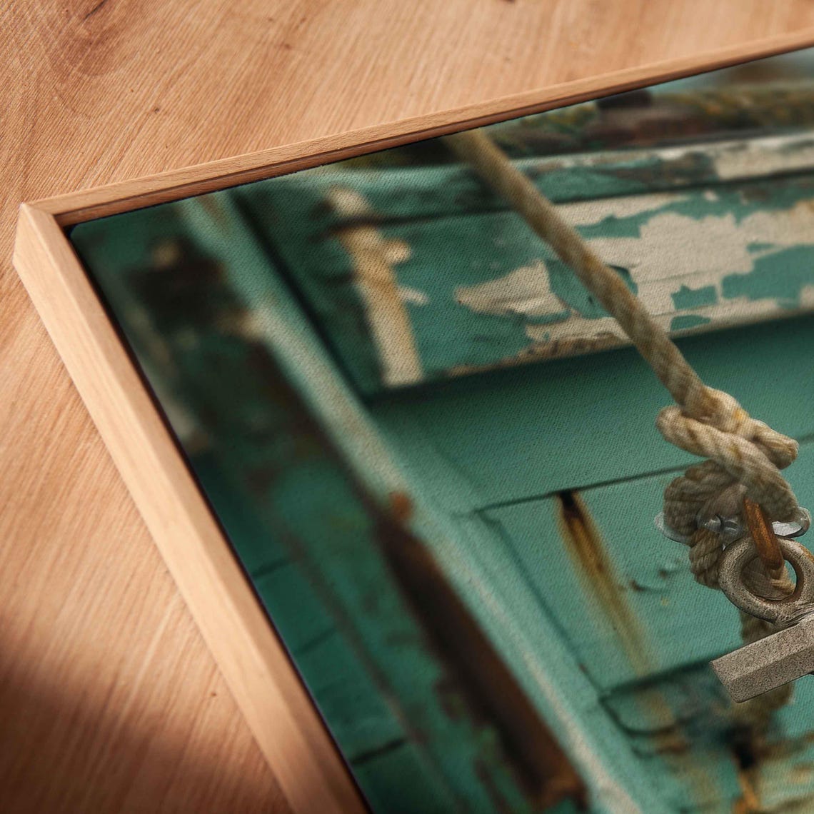 Silver Anchor Hanging On Rope Against Weathered Teal Boat Hull Poster - Image 2