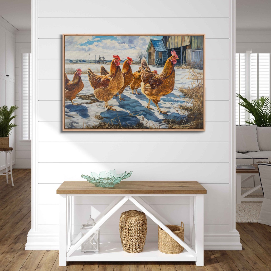 Brown Hens Walking Snowy Farmyard Winter Scene Rustic Barn Poster - Image 3