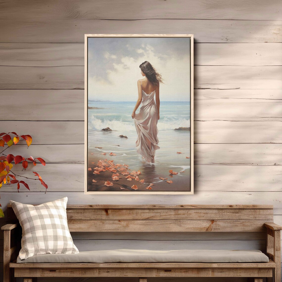 Woman Walking Beach Watercolor Flowing Dress Ocean Waves Art Poster - Image 3