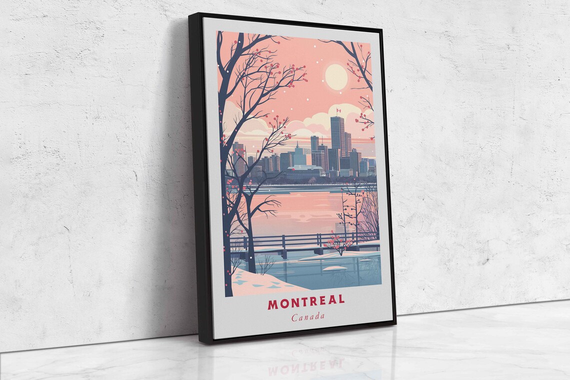Montreal Canada Winter Skyline River Sunset Snow Scene Poster - Image 2