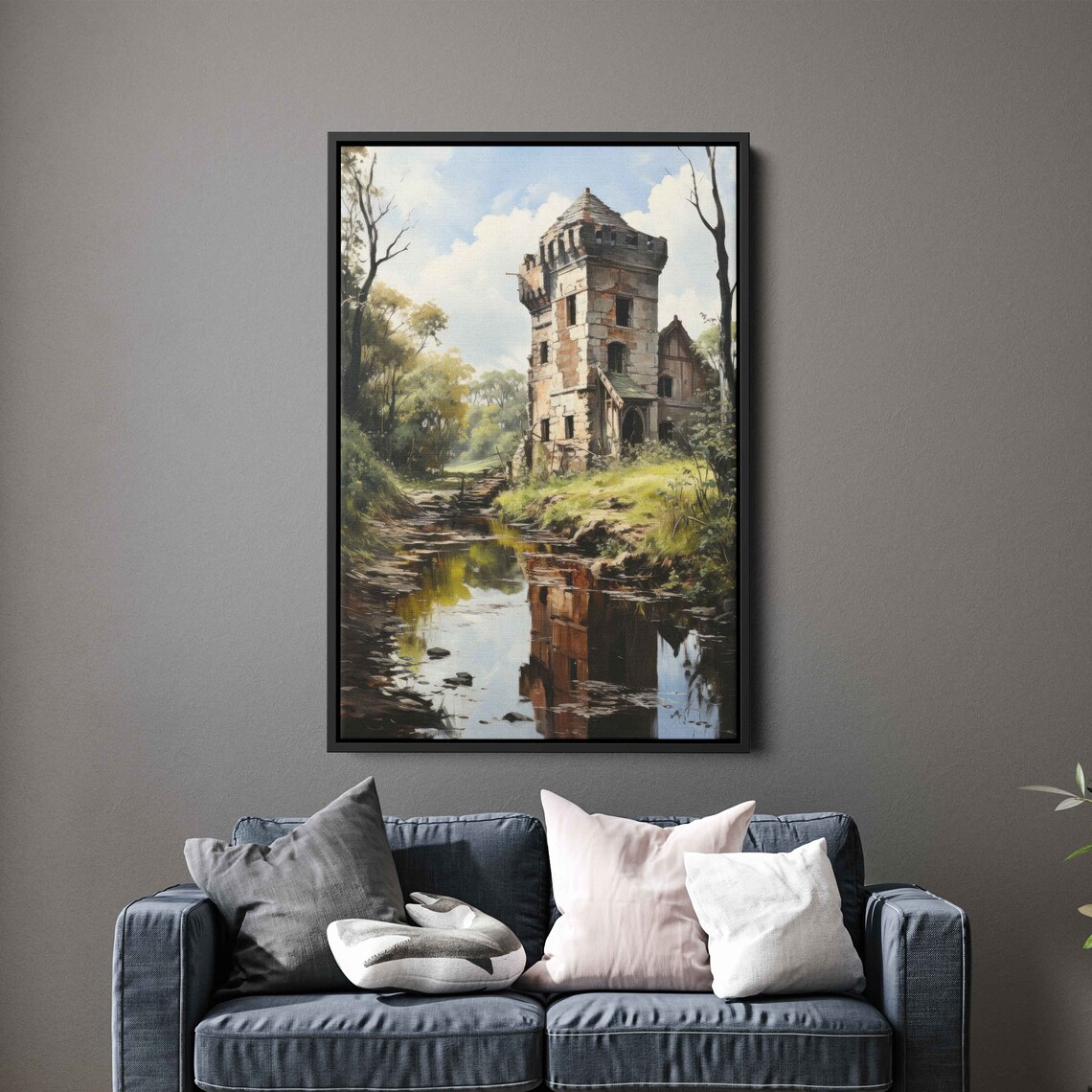 Dense Foggy Forest Painting Wall Art Print Nature Steps Walkway Dilapidated Old Tower Ready To Hang