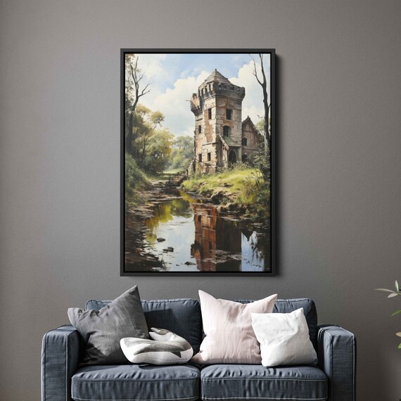 Dense Foggy Forest Painting Wall Art Print Nature Steps Walkway Dilapidated Old Tower Ready To Hang