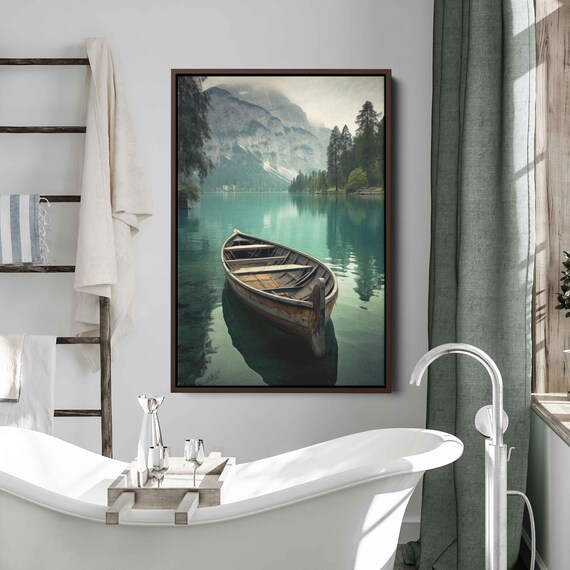 Rustic Boat On Lake Wall Art Print Peaceful Nature Flowing River Olden Canoe Mountain Range Ready To Hang